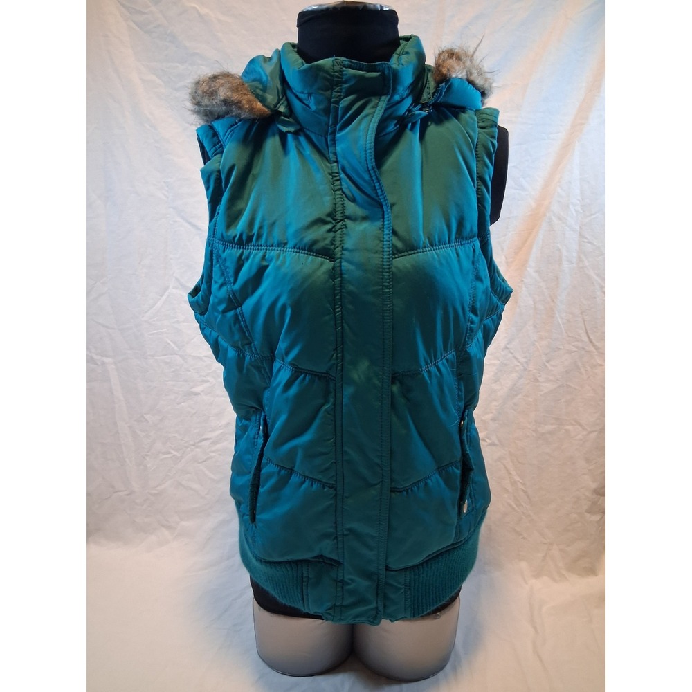 Maurices Womens Puffer Vest Bright Teal Faux Fur Trim Hooded Quilted Size L